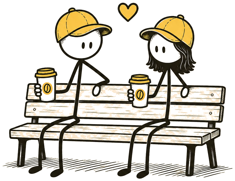 Two stick figures on a bench with coffee